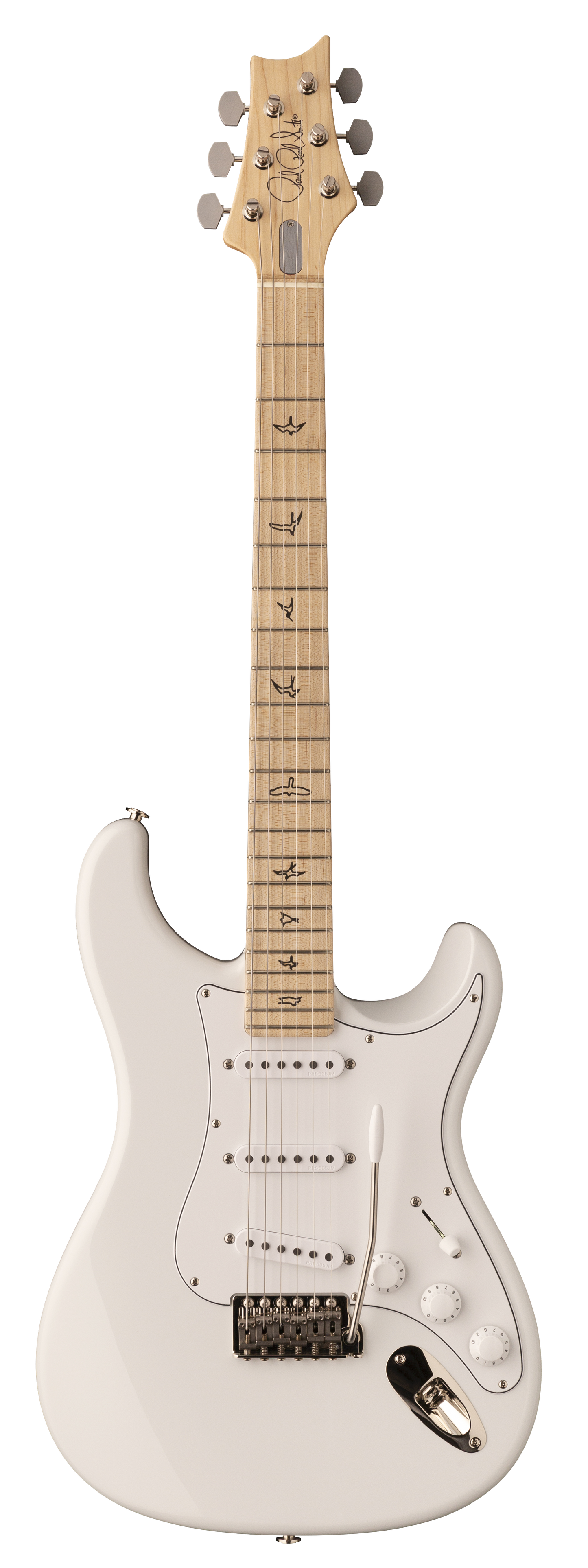 Full frontal of PRS Paul Reed Smith John Mayer Silver Sky Frost  Maple Fingerboard.