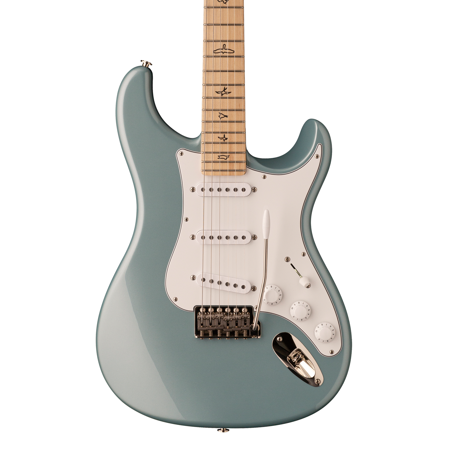 Front of PRS Paul Reed Smith John Mayer Silver Sky Maple Polar Blue.
