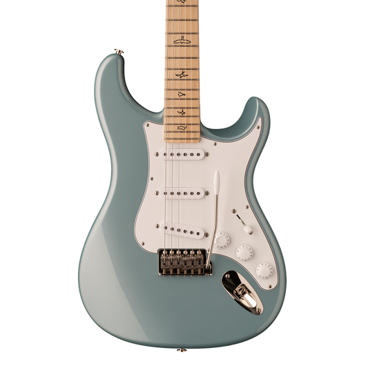 Front of PRS Paul Reed Smith John Mayer Silver Sky Maple Polar Blue.
