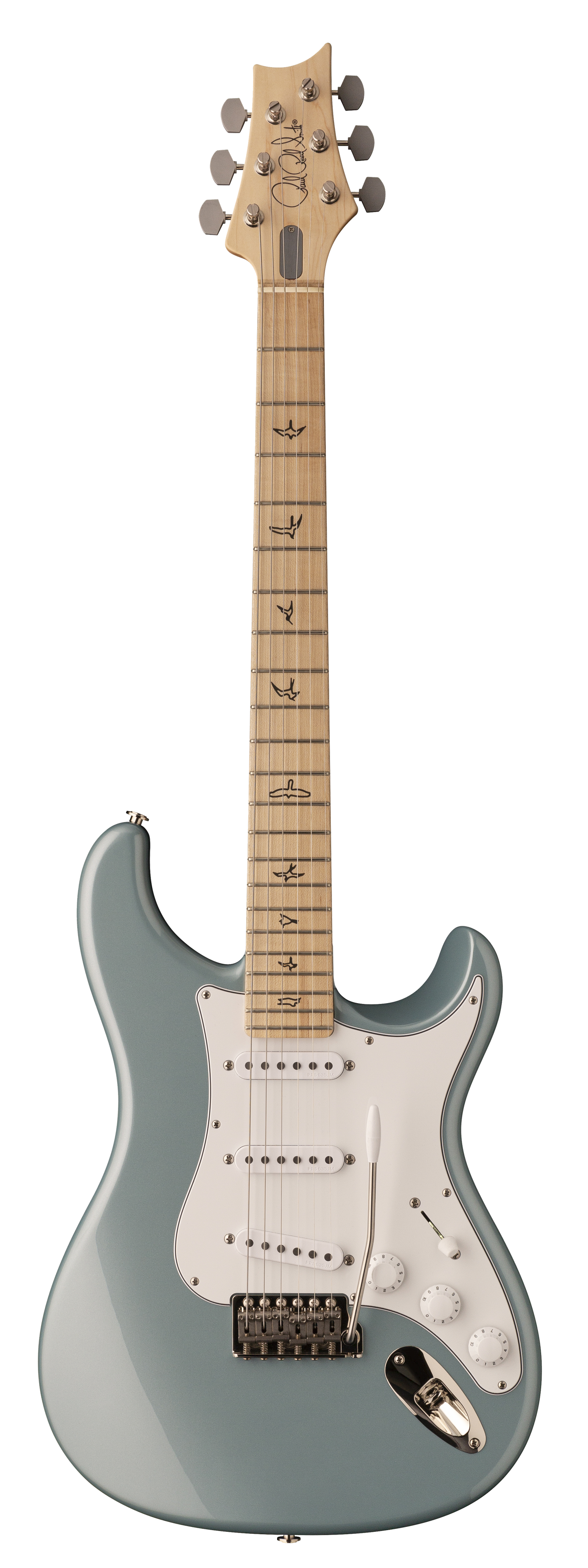 Full frontal of PRS Paul Reed Smith John Mayer Silver Sky Maple Polar Blue.
