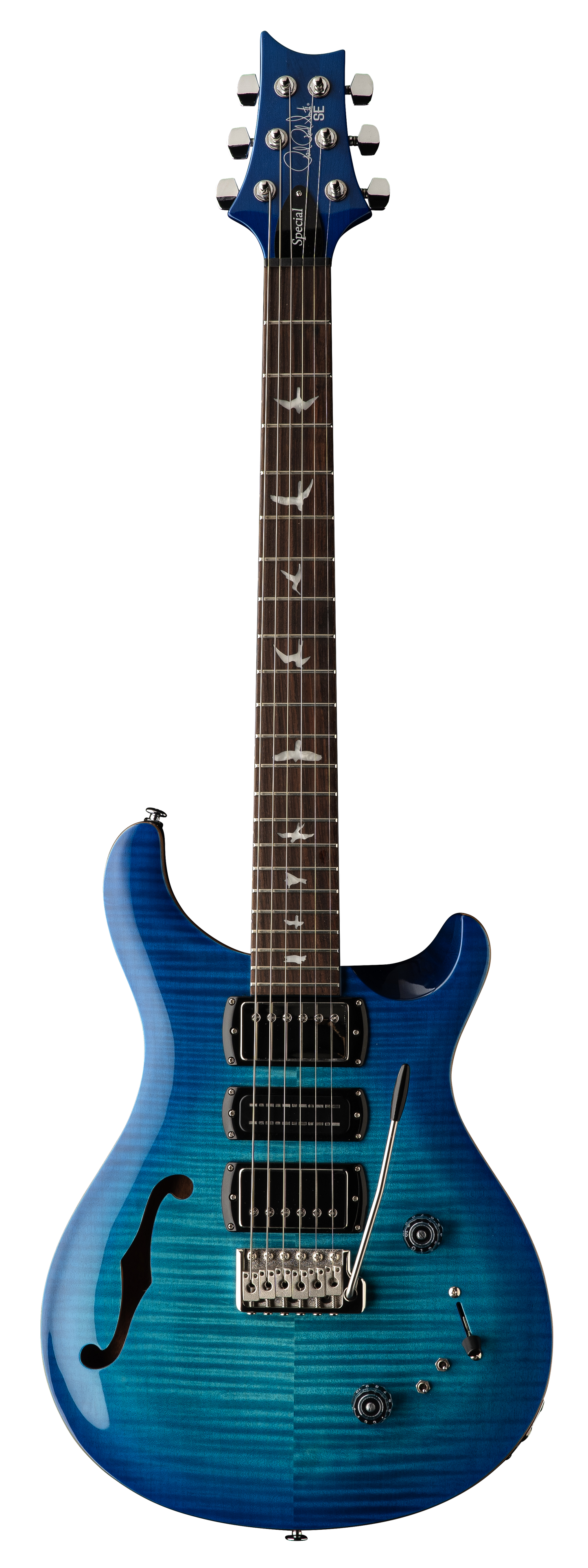 Full frontal of PRS Paul Reed Smith SE Special Semi-Hollow Lake Blue.