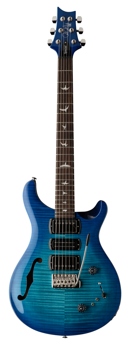 Full frontal of PRS Paul Reed Smith SE Special Semi-Hollow Lake Blue.