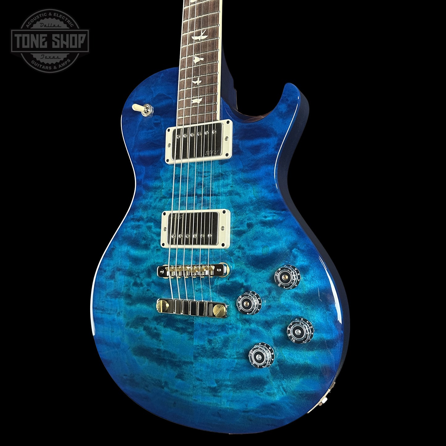 Front right angle of PRS S2 Wood Library McCarty 594 Singlecut Quilt Lake Blue S2083983.