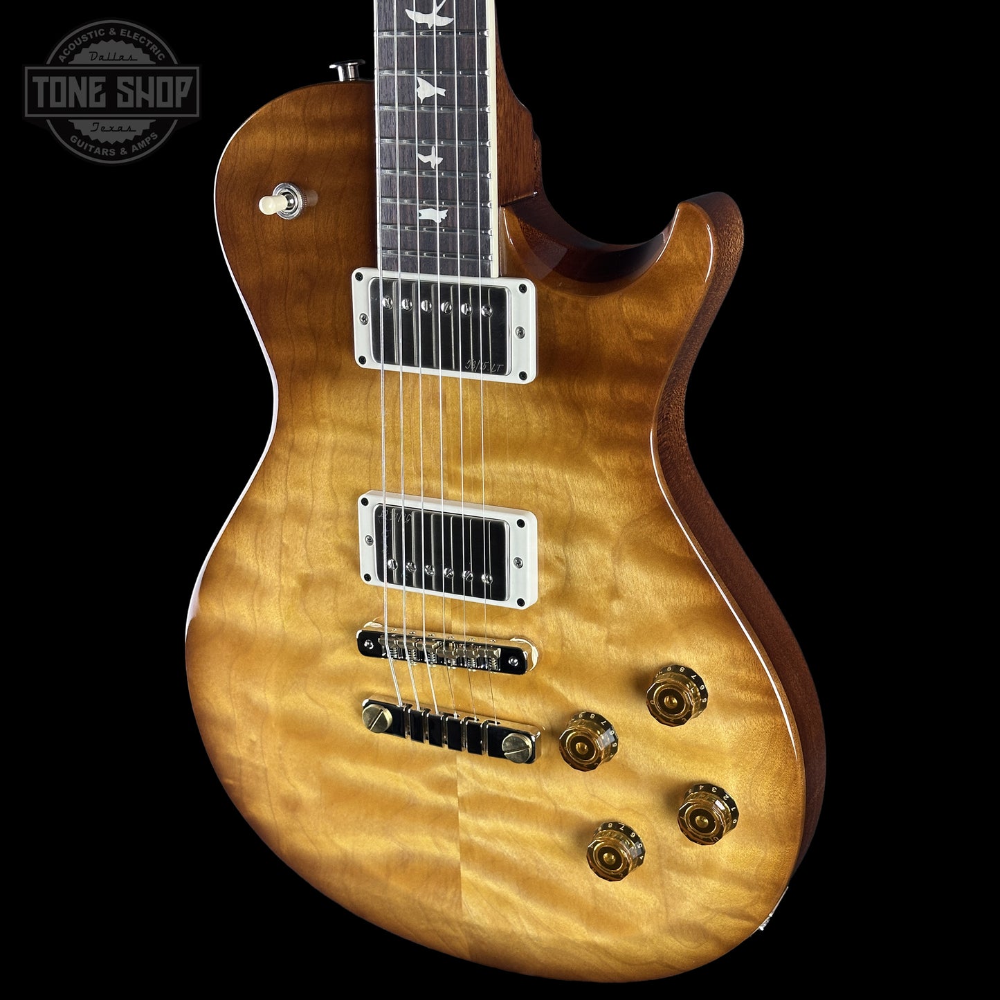Front right angle of PRS S2 Wood Library McCarty 594 Singlecut Quilt Livingston Lemondrop.