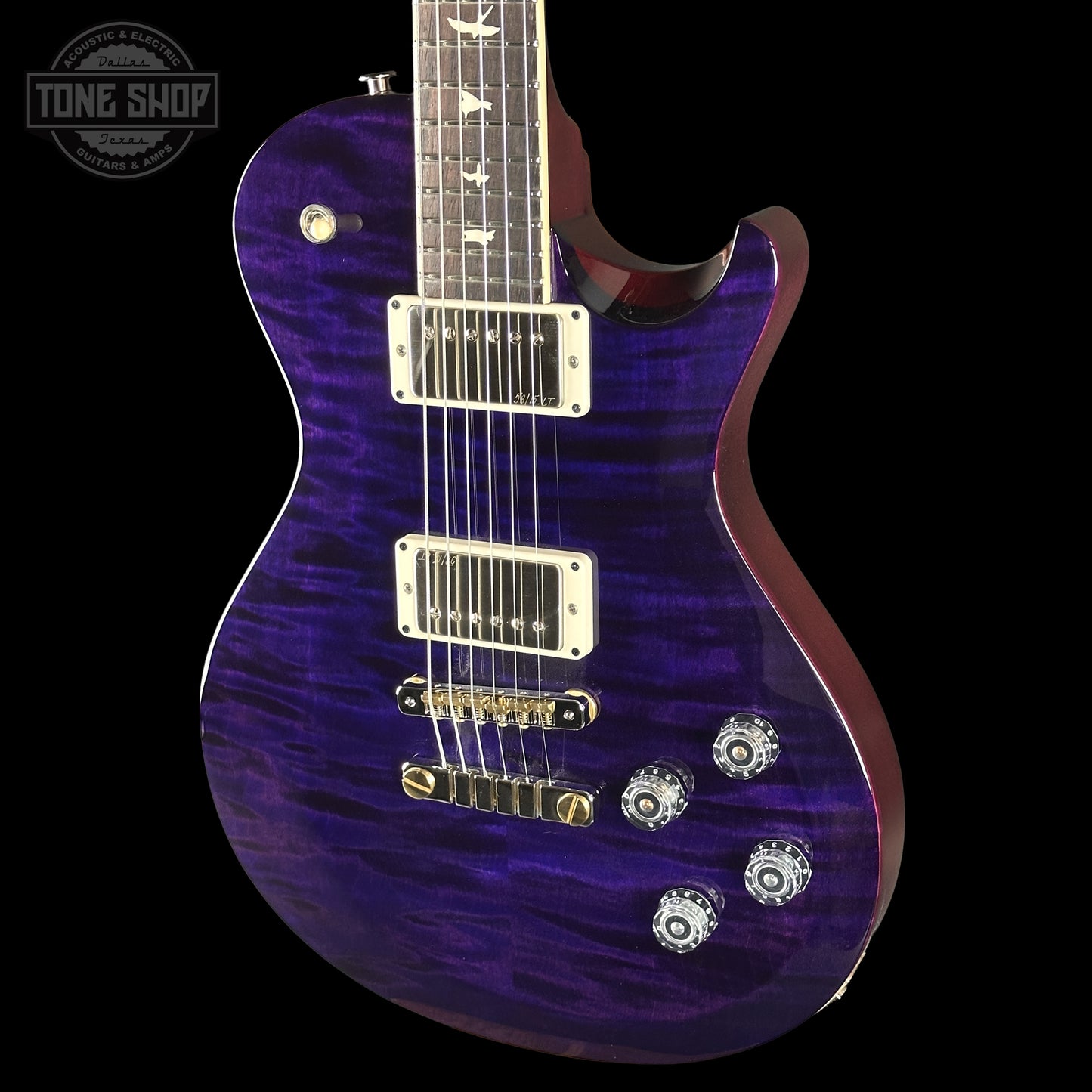 Front right angle of PRS S2 Wood Library McCarty 594 Singlecut Quilt Purple S2083399.