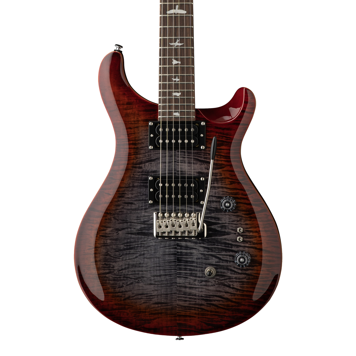 Front of PRS SE Custom 24-08 Charcoal Cherry Burst.