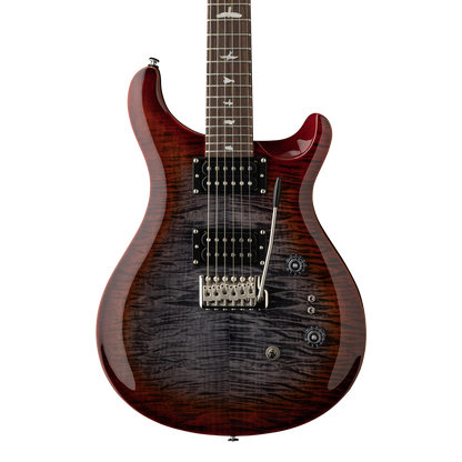Front of PRS SE Custom 24-08 Charcoal Cherry Burst.