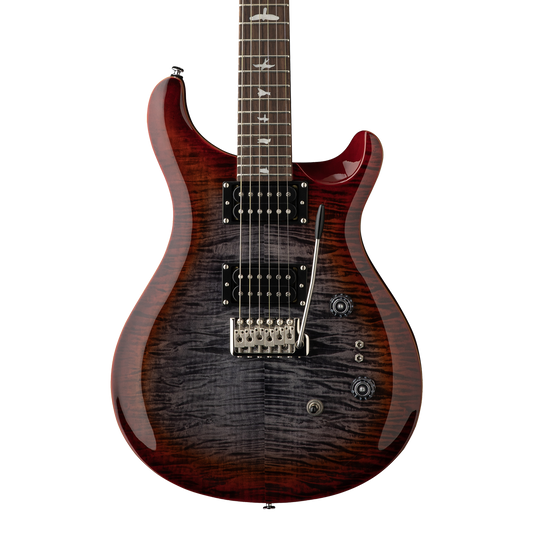 Front of PRS SE Custom 24-08 Charcoal Cherry Burst.