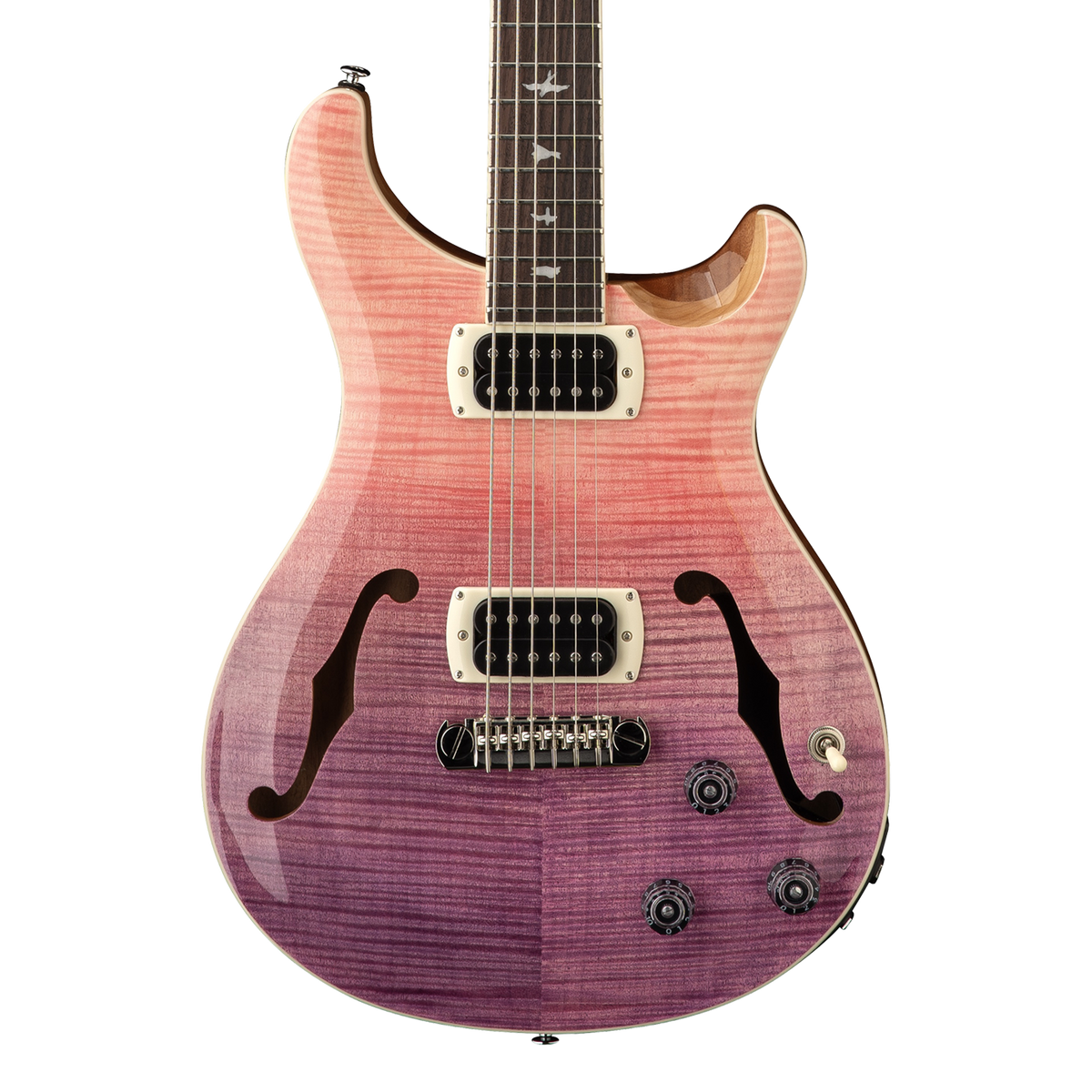 Front of PRS SE Ed Sheeran Hollowbody I Baritone Piezo Pink Ombre.