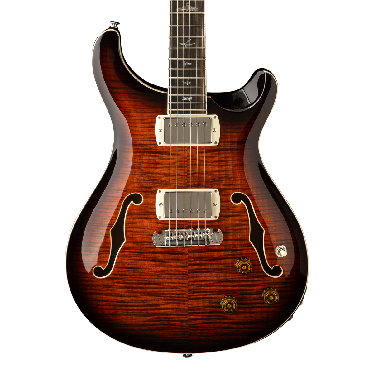 Front of PRS SE Hollowbody II Piezo Orange Tiger Smokeburst.