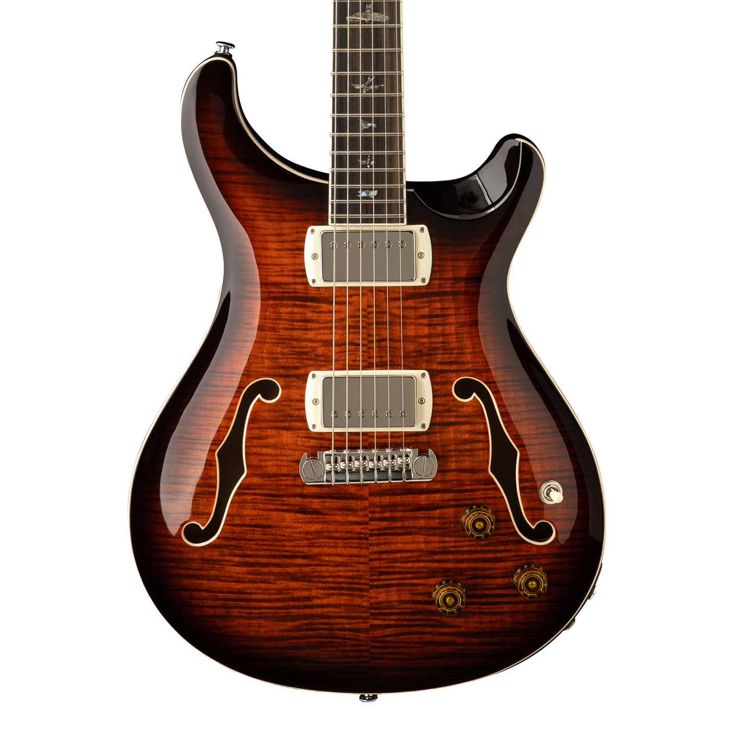 Front of PRS SE Hollowbody II Piezo Orange Tiger Smokeburst.
