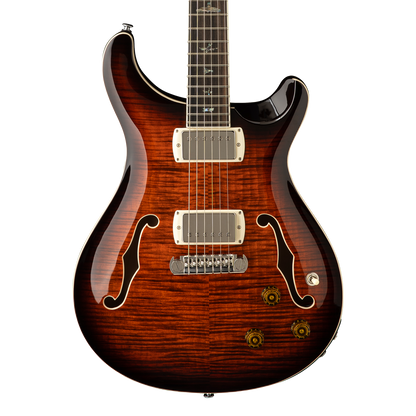 Front of PRS SE Hollowbody II Piezo Orange Tiger Smokeburst.