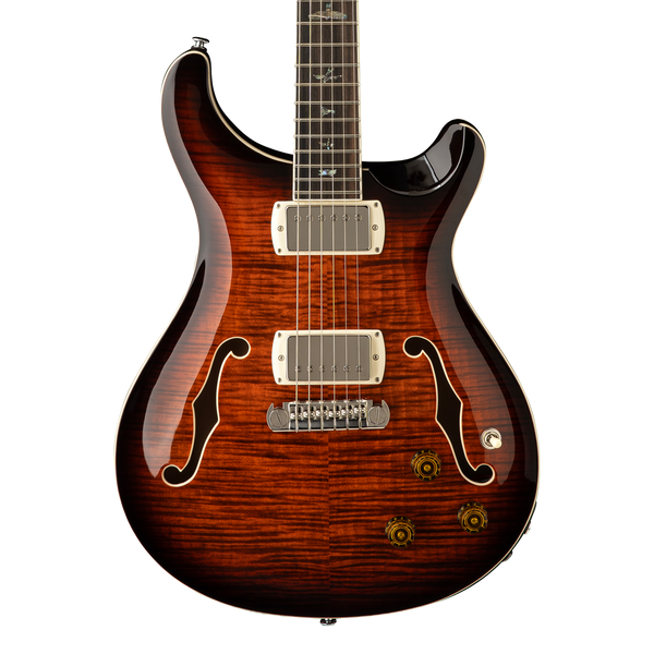 Front of PRS SE Hollowbody II Piezo Orange Tiger Smokeburst.