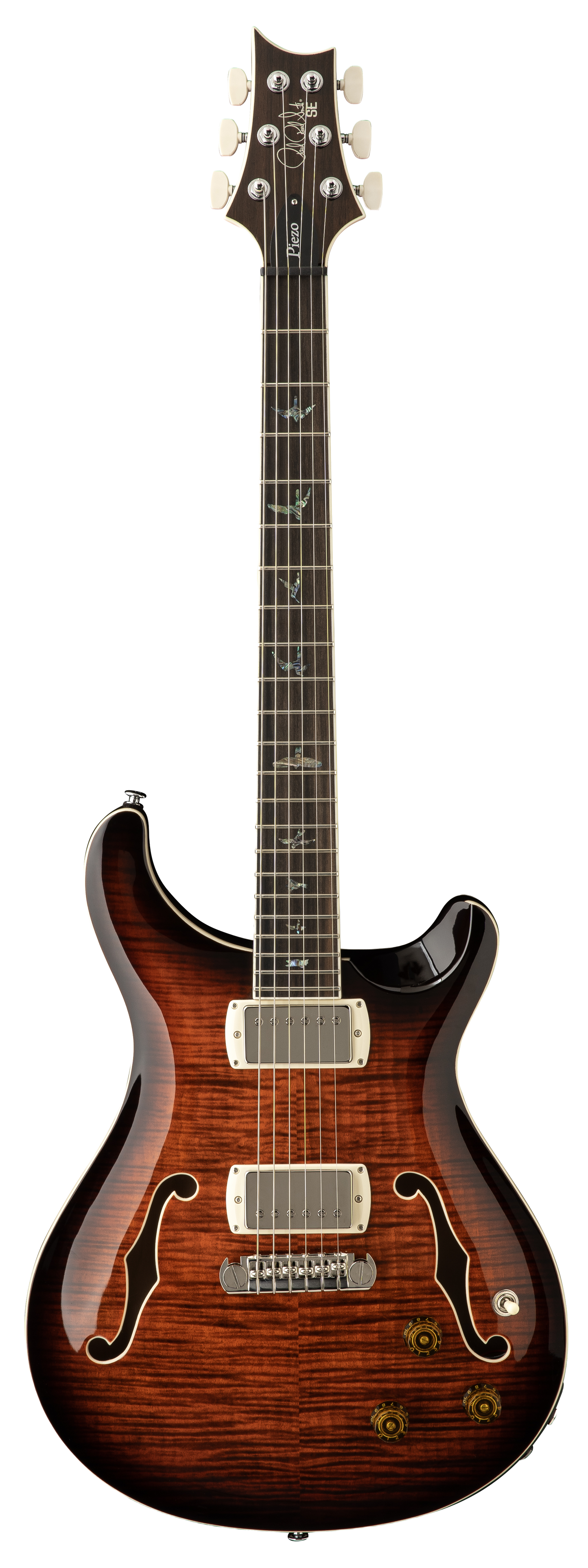 Full frontal of PRS SE Hollowbody II Piezo Orange Tiger Smokeburst.