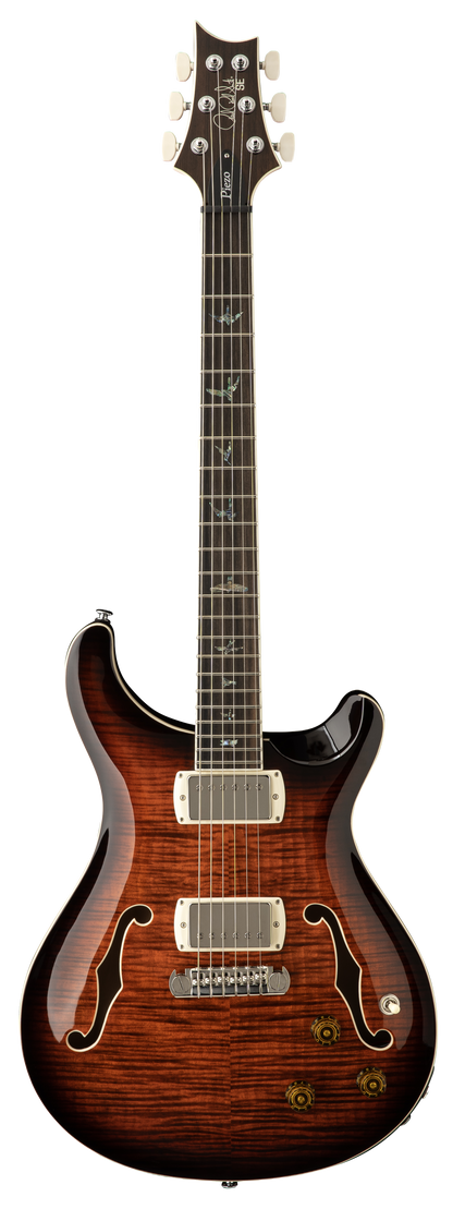 Full frontal of PRS SE Hollowbody II Piezo Orange Tiger Smokeburst.