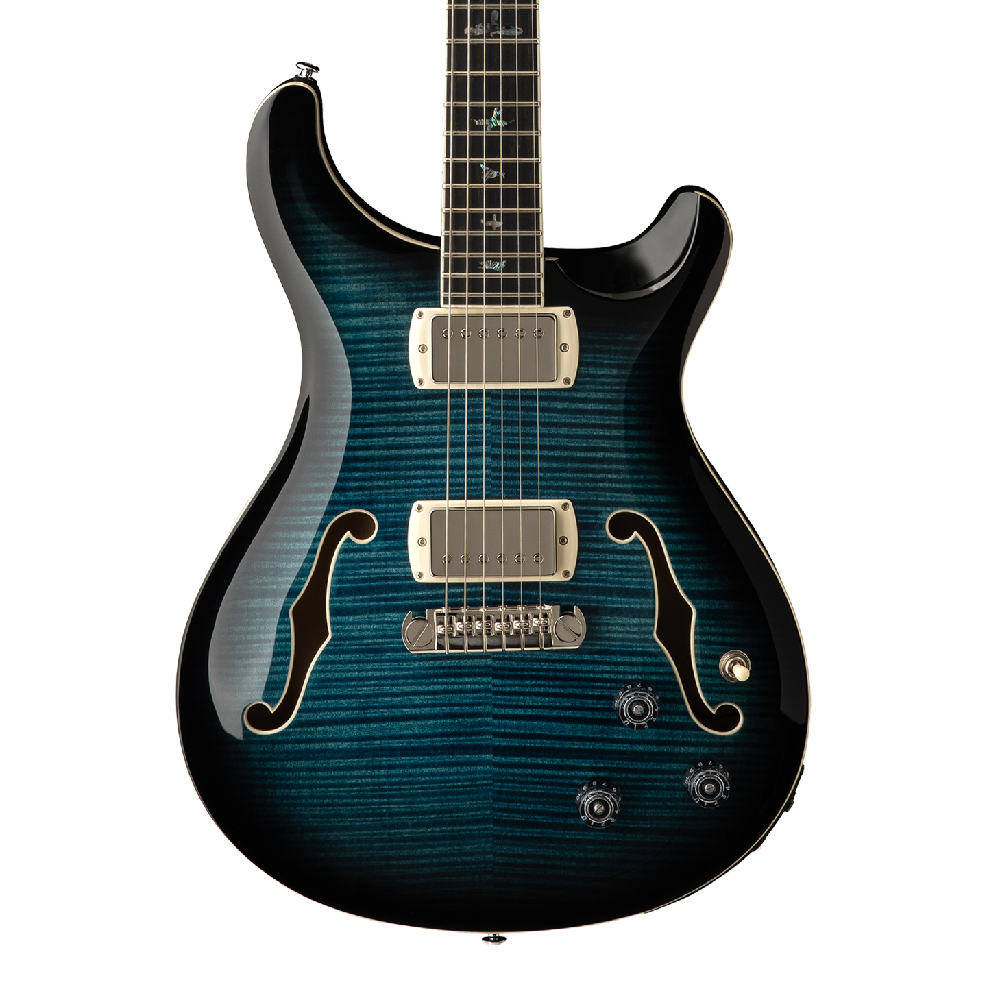 Front of PRS SE Hollowbody II Piezo Peacock Blue.