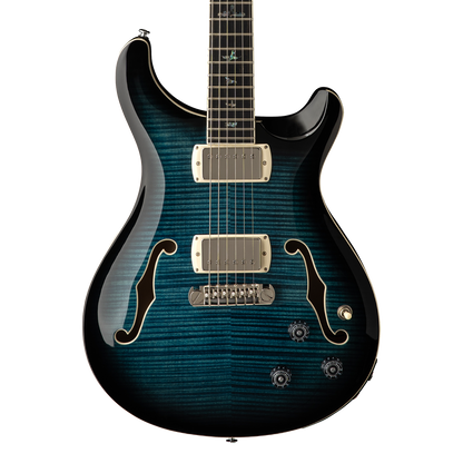 Front of PRS SE Hollowbody II Piezo Peacock Blue.