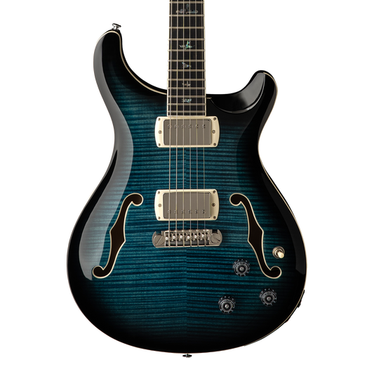 Front of PRS SE Hollowbody II Piezo Peacock Blue.