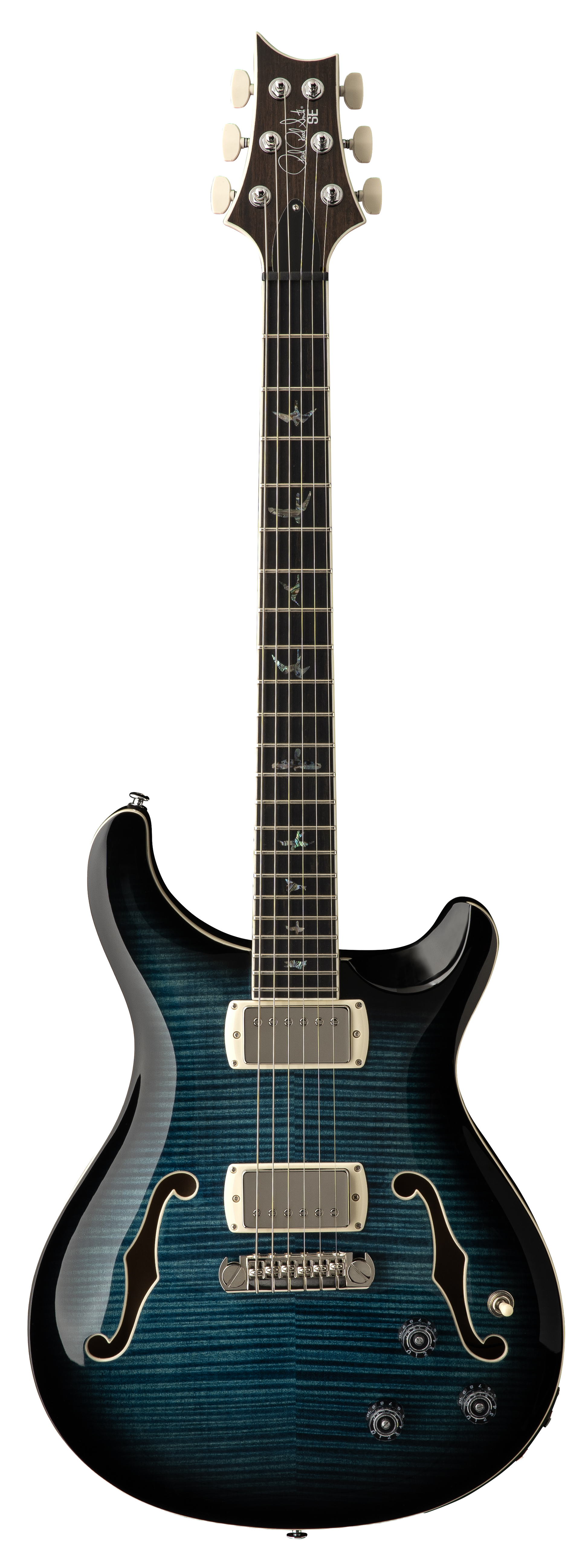 Full frontal of PRS SE Hollowbody II Piezo Peacock Blue.