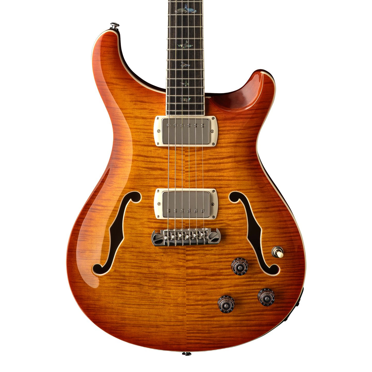 Front of PRS SE Hollowbody II Piezo Vintage Sunburst.