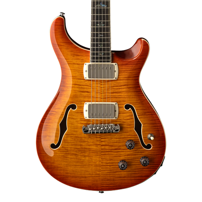 Front of PRS SE Hollowbody II Piezo Vintage Sunburst.