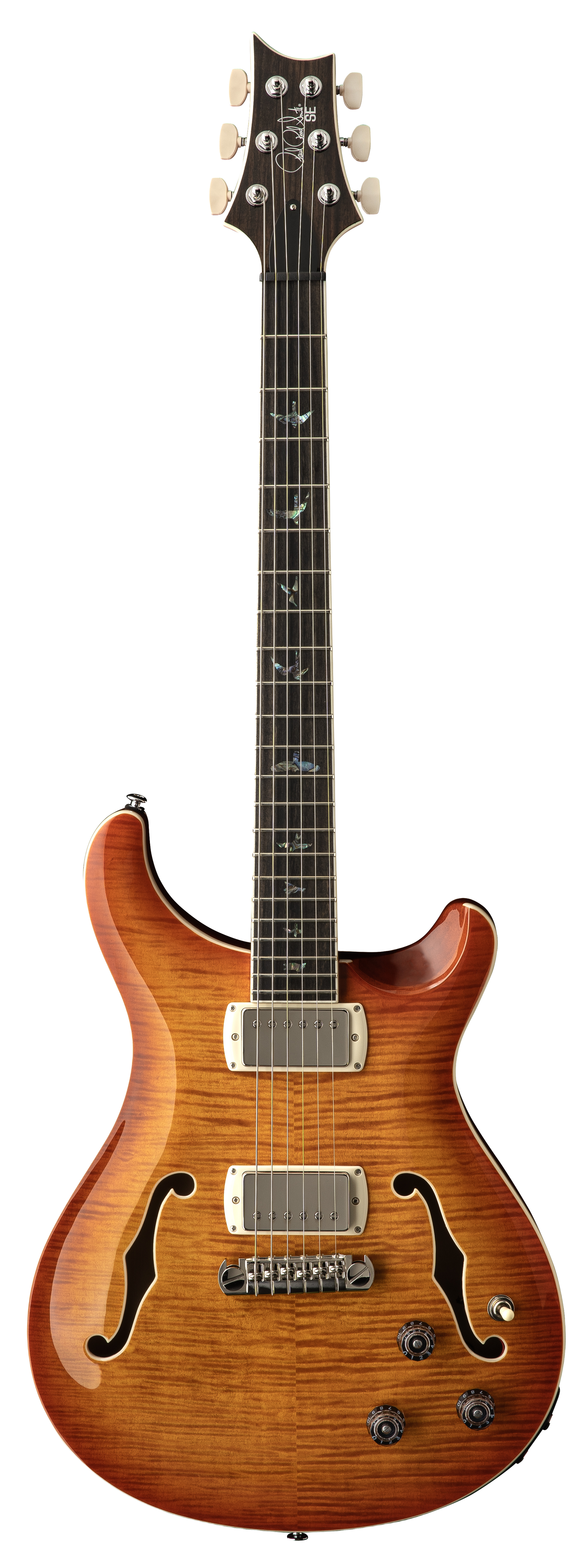 Full frontal of PRS SE Hollowbody II Piezo Vintage Sunburst.