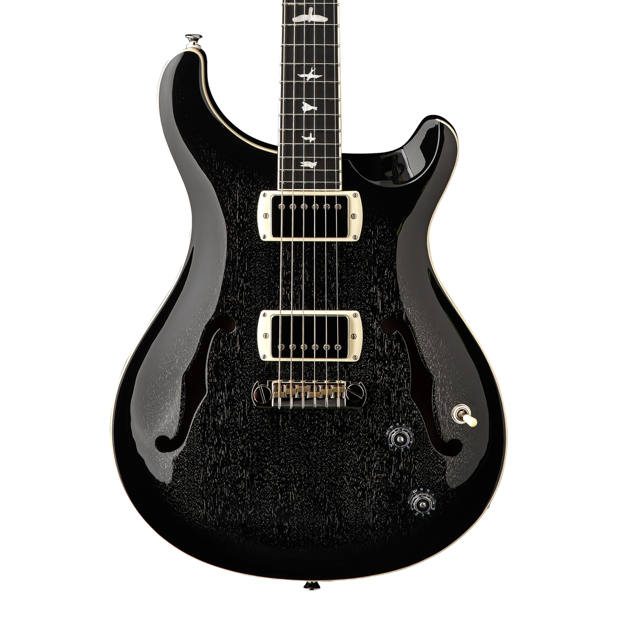 Front of PRS SE Hollowbody Standard Dog Hair Smokeburst.