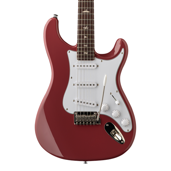 Front of PRS SE Silver Sky Derby Red.