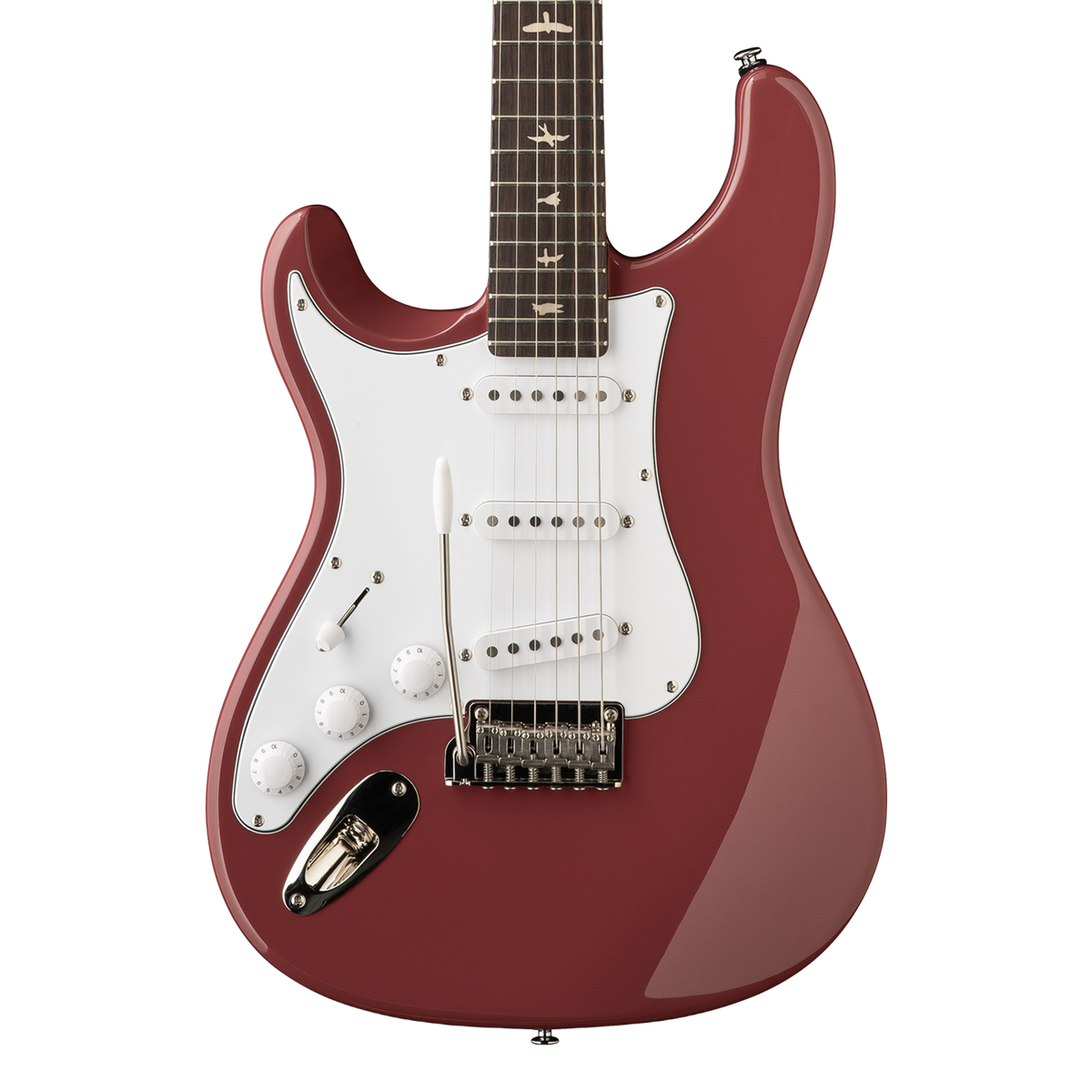 Front of PRS SE Silver Sky Left Handed Derby Red.