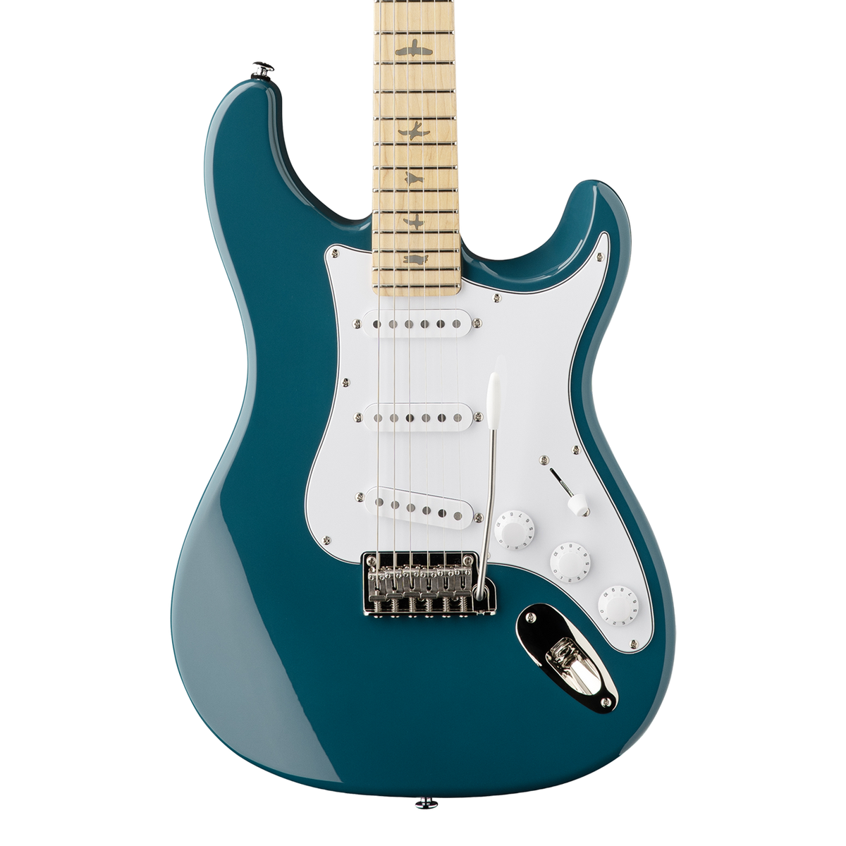 Front of PRS SE Silver Sky Nylon Blue.