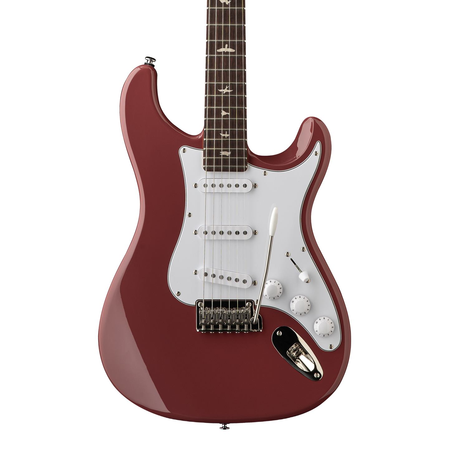 Front of PRS SE Silver Sky Rosewood Derby Red.