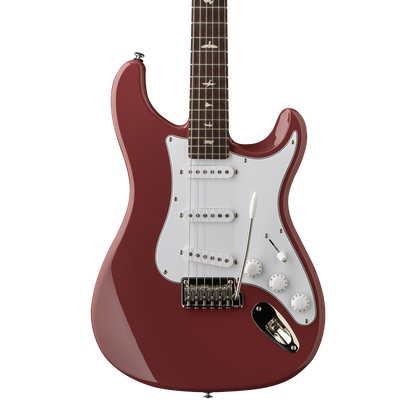 Front of PRS SE Silver Sky Rosewood Derby Red.