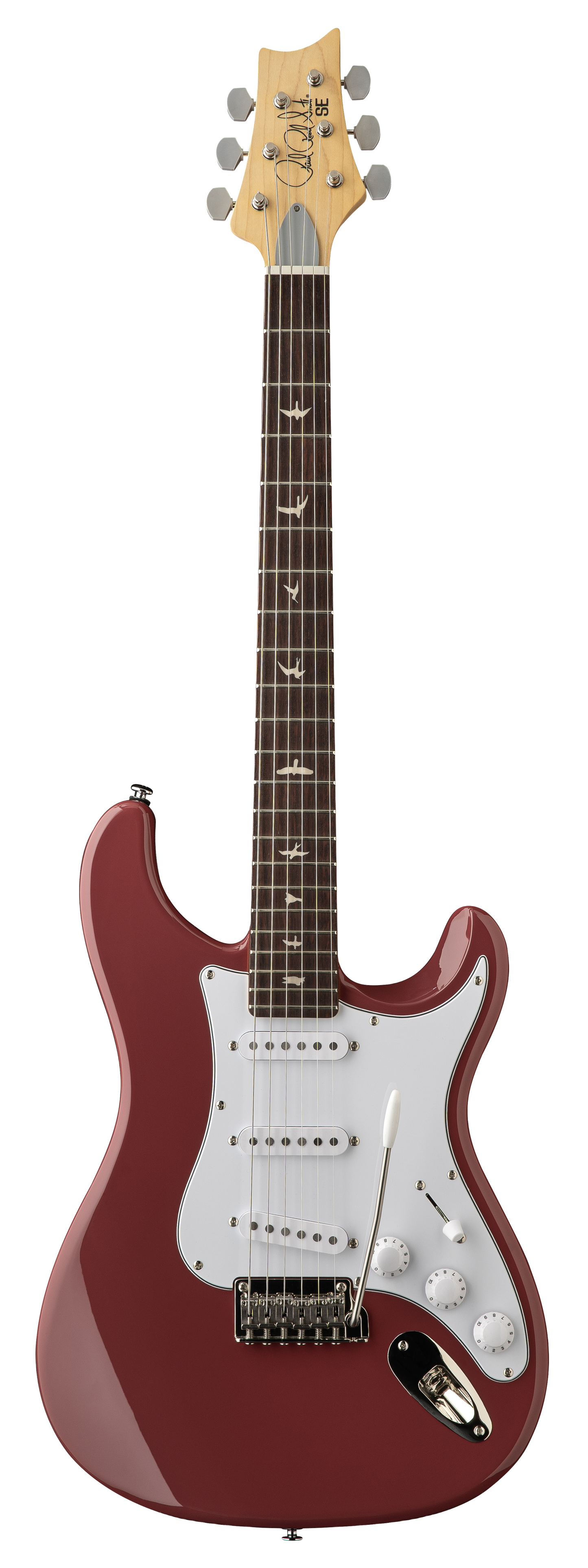 Full frontal of PRS SE Silver Sky Rosewood Derby Red.