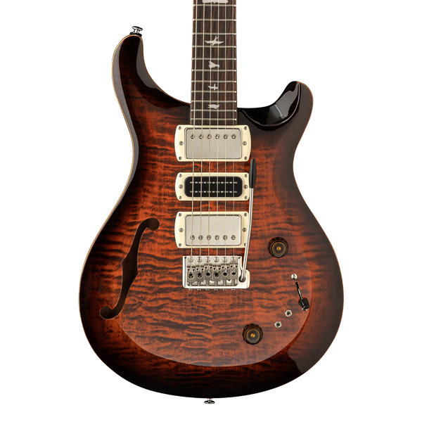 Front of PRS SE Special Semi-Hollow Orange Tiger Smokeburst.