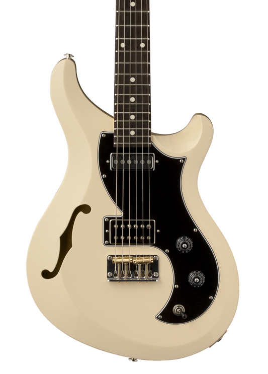 Front of PRS Satin S2 Vela Semi-Hollow Antique White.