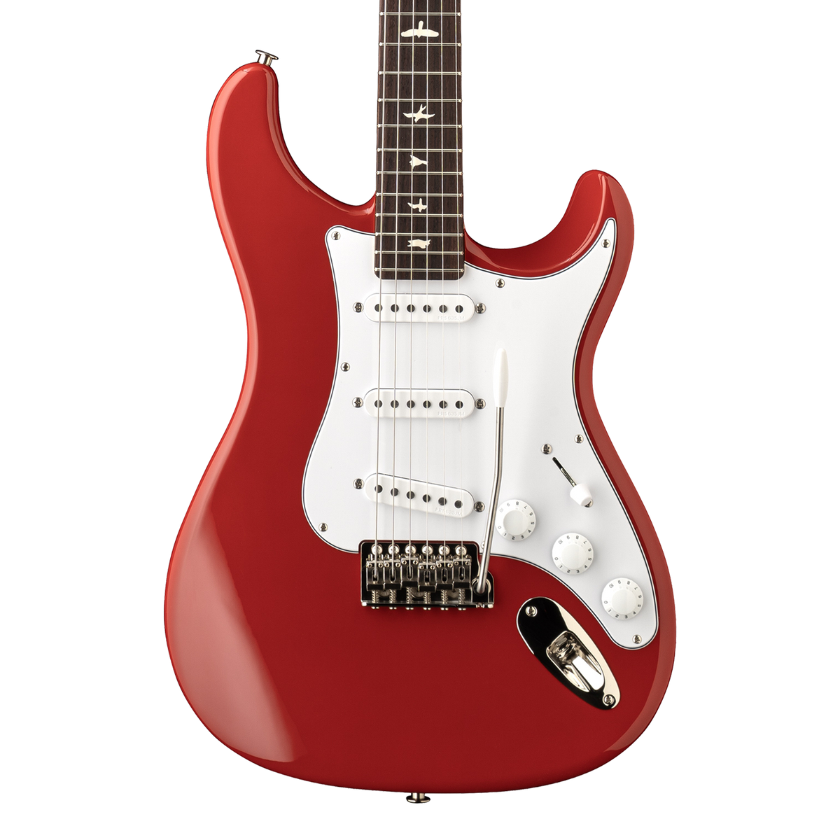 Front of PRS Silver Sky Defender Limited Edition Portofino Red.