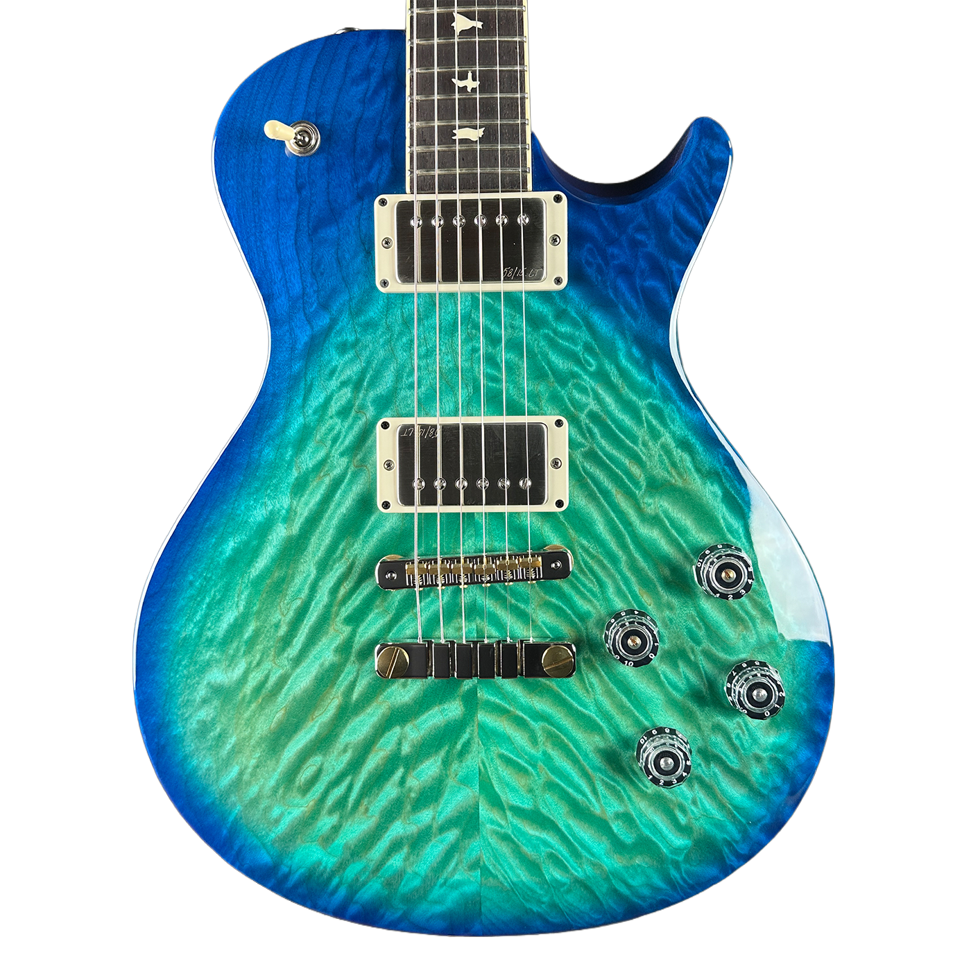 Front of PRS S2 Wood Library McCarty 594 Singlecut Quilt Makena Blue.