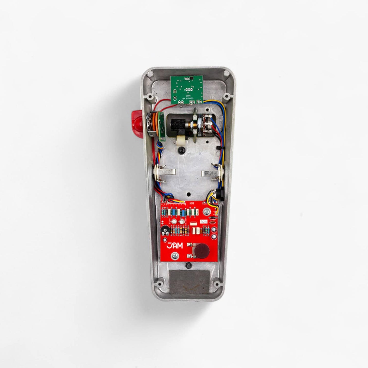 Back of JAM Pedals Wahcko with internals showing.
