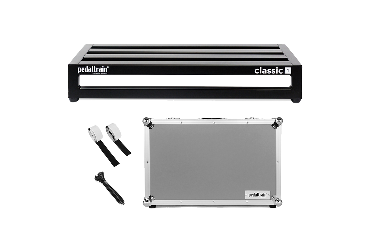 Front of Pedaltrain Classic 1 with Tour Case and accessories.