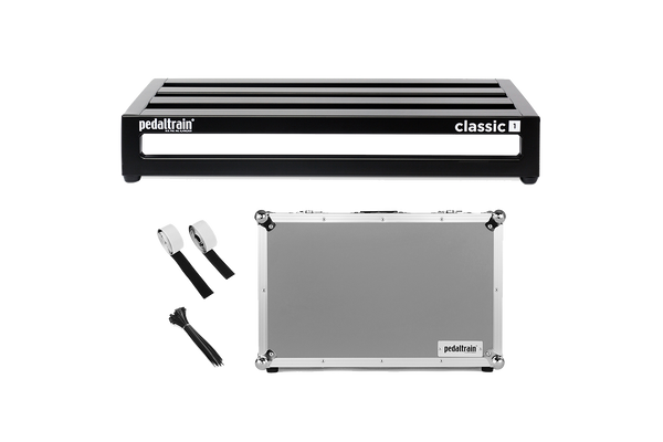 Front of Pedaltrain Classic 1 with Tour Case and accessories.