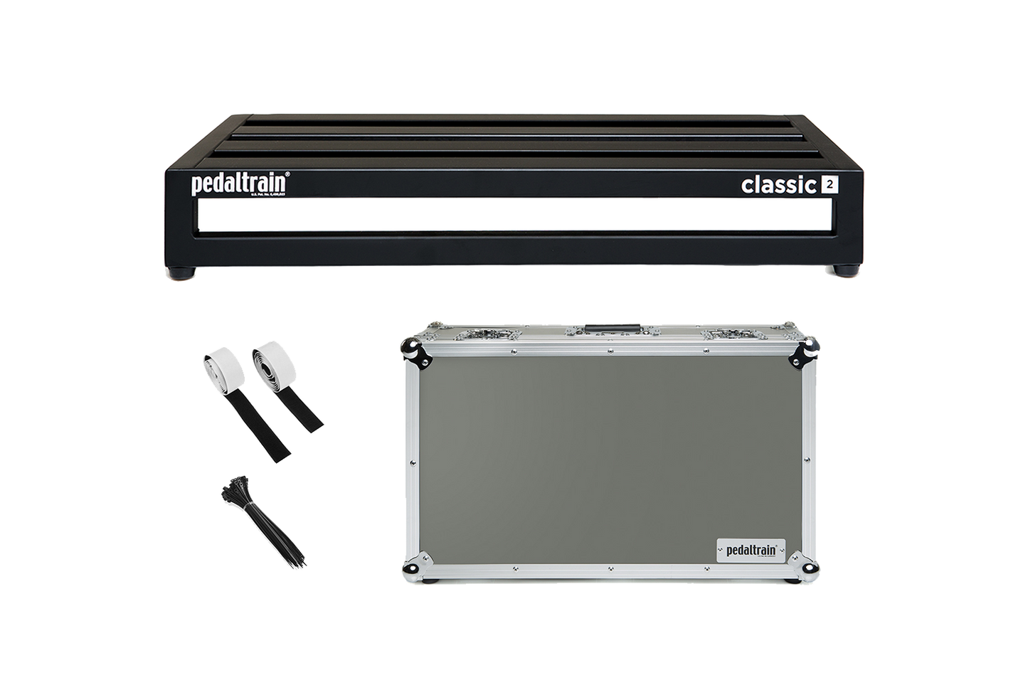 Front of Pedaltrain Classic 2 with Tour Case and accessories.