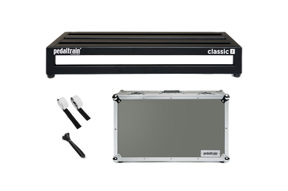 Front of Pedaltrain Classic 2 with Tour Case and accessories.