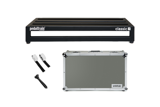 Front of Pedaltrain Classic 2 with Tour Case and accessories.