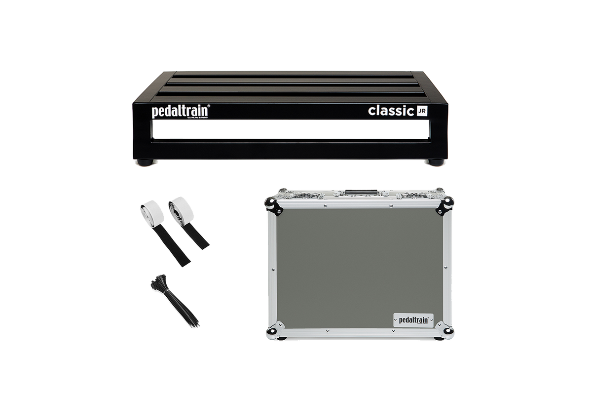 Front of Pedaltrain Classic Jr with Tour Case and accessories.