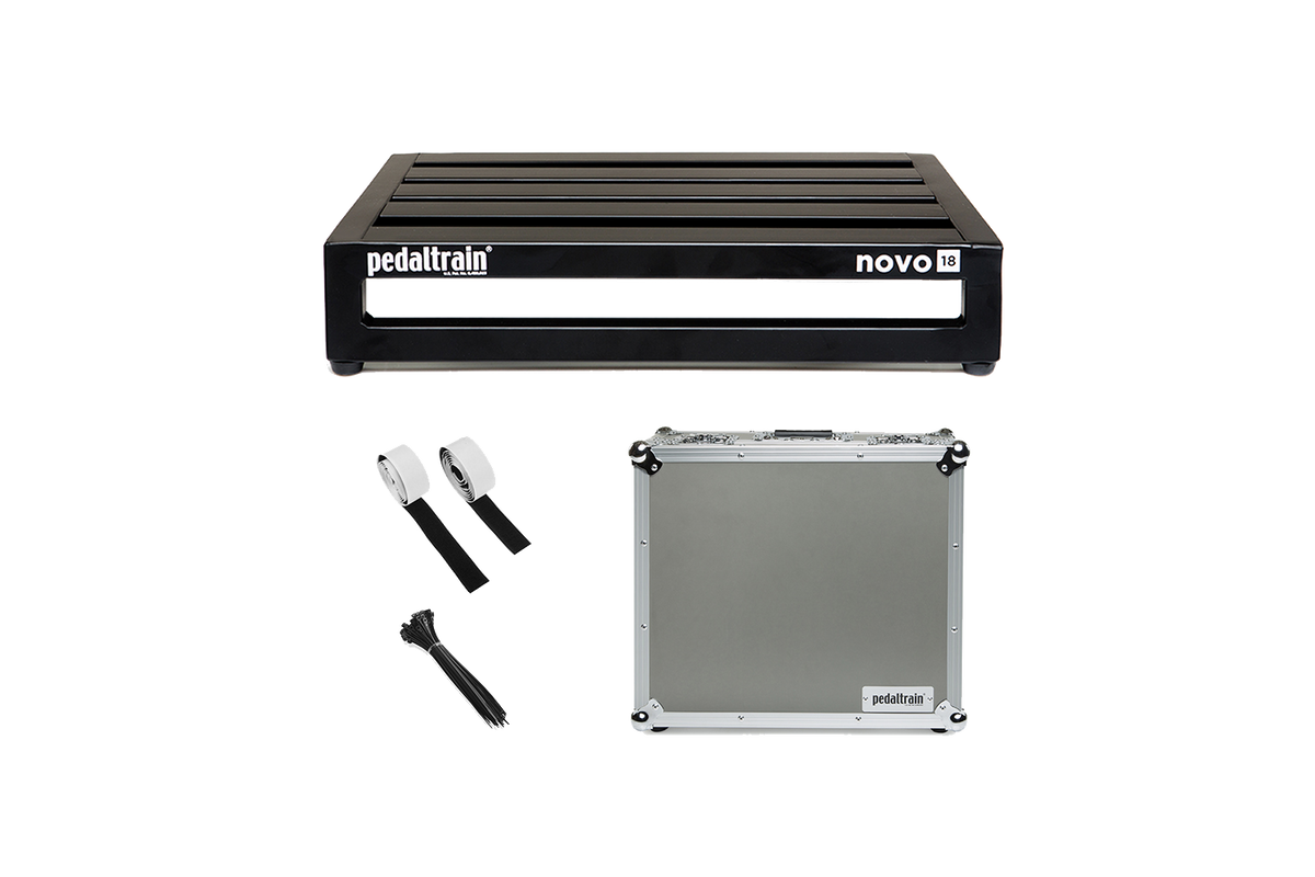 Front of Pedaltrain Novo 18 with Tour Case and accessories.