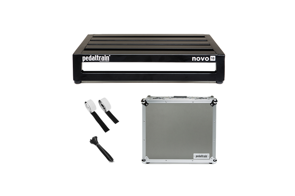 Front of Pedaltrain Novo 18 with Tour Case and accessories.