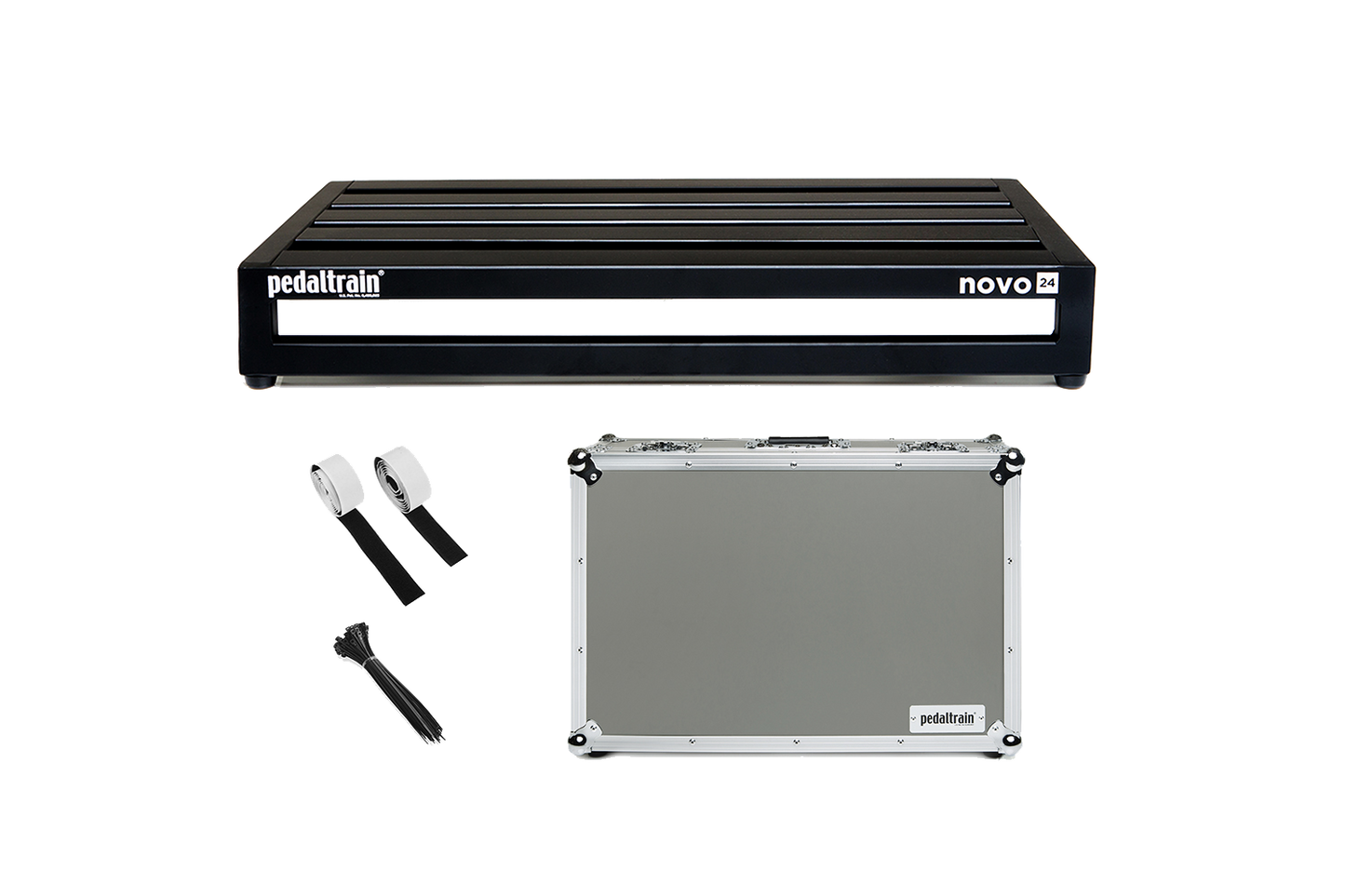 Front of Pedaltrain Novo 24 with Tour Case and accessories.