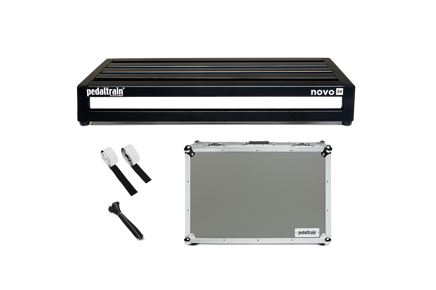 Front of Pedaltrain Novo 24 with Tour Case and accessories.