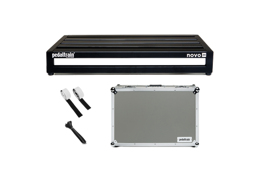 Front of Pedaltrain Novo 24 with Tour Case and accessories.