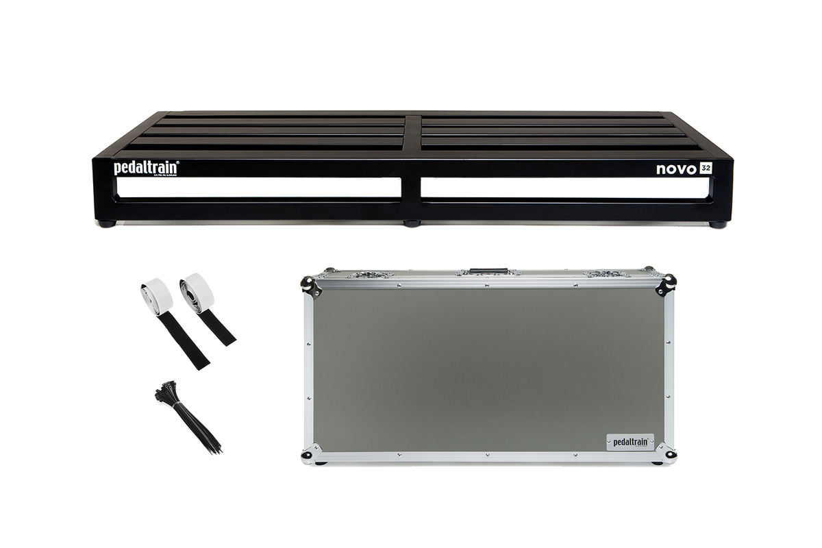 Front of Pedaltrain Novo 32 with Rolling Tour Case and accessories.